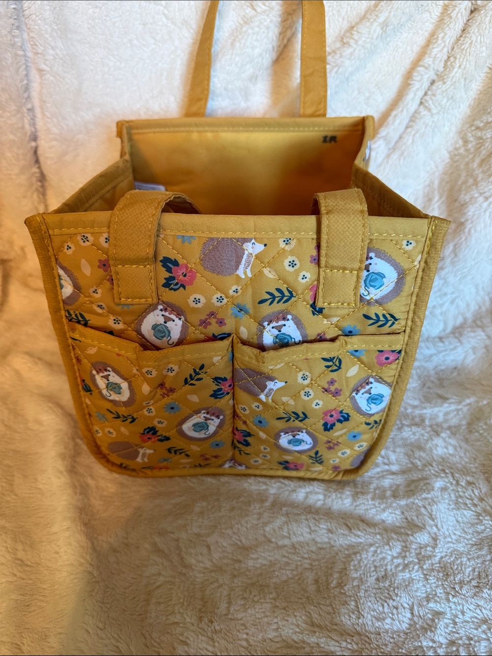 Mustard Yellow Quilted Hedgehog Floral Storage Caddy Square Organizer Bag Crafts